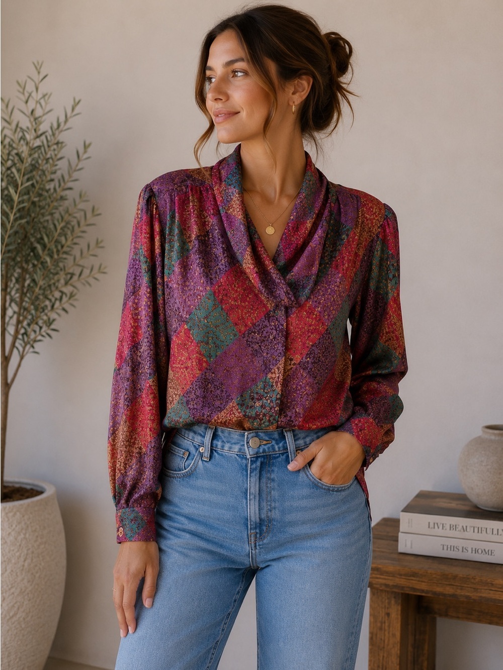La Chine Classic Vintage 90s Colorful Geometric Diamond Pattern Blouse Size 6